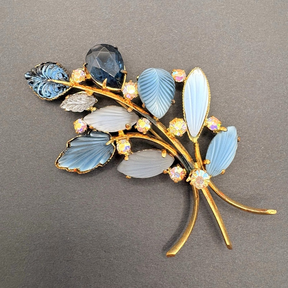 Vintage Made in West Germany Blue Molded Art Glass Leaf Brooch Aurora Borealis